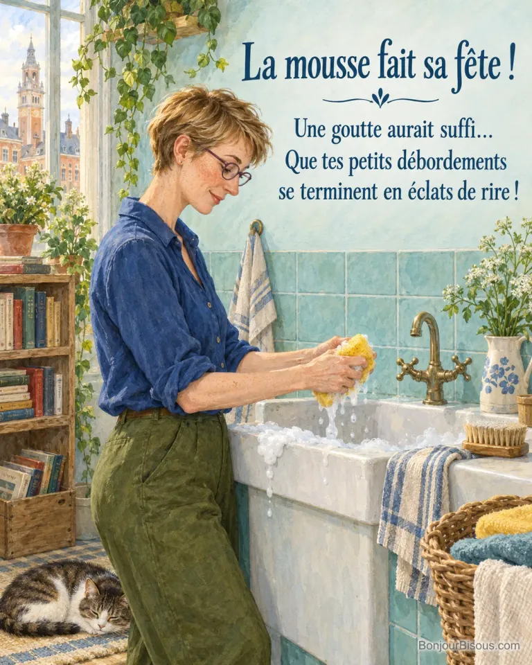 Une femme presse une éponge jaune au-dessus d’un bac qui déborde de mousse, avec le texte « La mousse fait sa fête ! Une goutte aurait suffi… Que tes petits débordements se terminent en éclats de rire ! ».