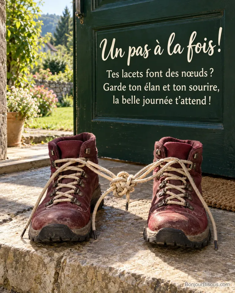 Deux bottines de marche sont reliées par leurs lacets emmêlés dans une entrée lumineuse, avec le texte « Un pas à la fois ! Tes lacets font des nœuds ? Garde ton élan et ton sourire, la belle journée t’attend ! ».
