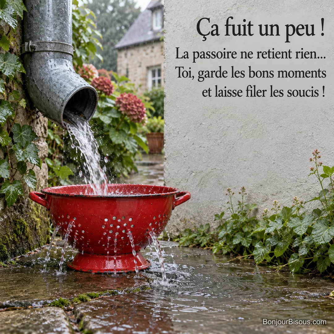 Une passoire rouge laisse passer l’eau qui goutte d’une gouttière dans une cour normande, avec le texte « Ça fuit un peu ! La passoire ne retient rien… Toi, garde les bons moments et laisse filer les soucis ! ». Une passoire rouge laisse passer l’eau qui goutte d’une gouttière dans une cour normande, avec le texte « Ça fuit un peu ! La passoire ne retient rien… Toi, garde les bons moments et laisse filer les soucis ! ».