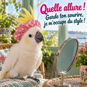 Un cacatoès à huppe jaune porte un bonnet de bain rose d’où dépasse sa drôle de coiffure, avec le texte « Quelle allure ! Garde ton sourire, je m’occupe du style ! ».