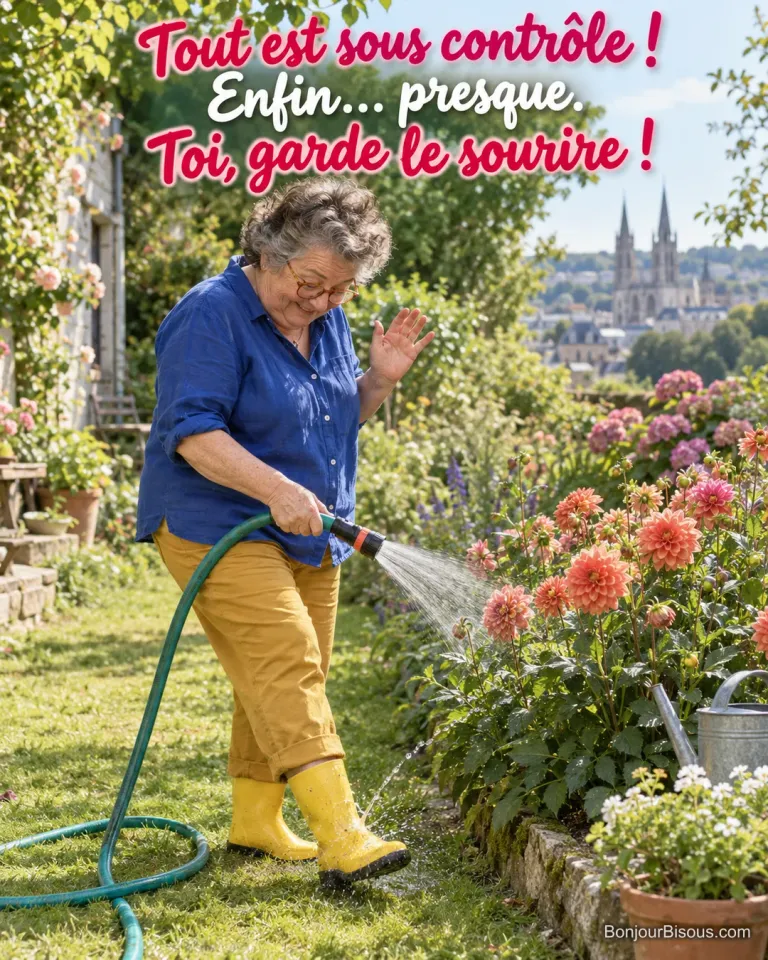 Une femme rit en voyant un jet de son tuyau d’arrosage asperger sa botte jaune, avec le texte « Tout est sous contrôle ! Enfin… presque. Toi, garde le sourire ! ».