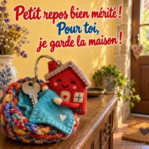 Un porte-clés maison en feutre borde tendrement une clé dans un petit nid textile, avec le texte « Petit repos bien mérité ! Pour toi, je garde la maison ! ».