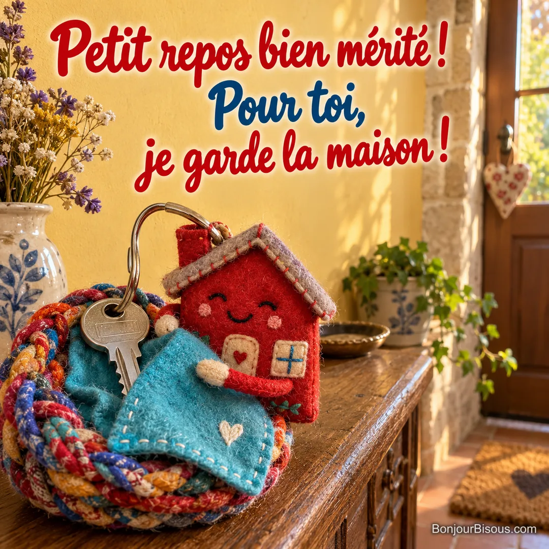 Un porte-clés maison en feutre borde tendrement une clé dans un petit nid textile, avec le texte « Petit repos bien mérité ! Pour toi, je garde la maison ! ». Un porte-clés maison en feutre borde tendrement une clé dans un petit nid textile, avec le texte « Petit repos bien mérité ! Pour toi, je garde la maison ! ».
