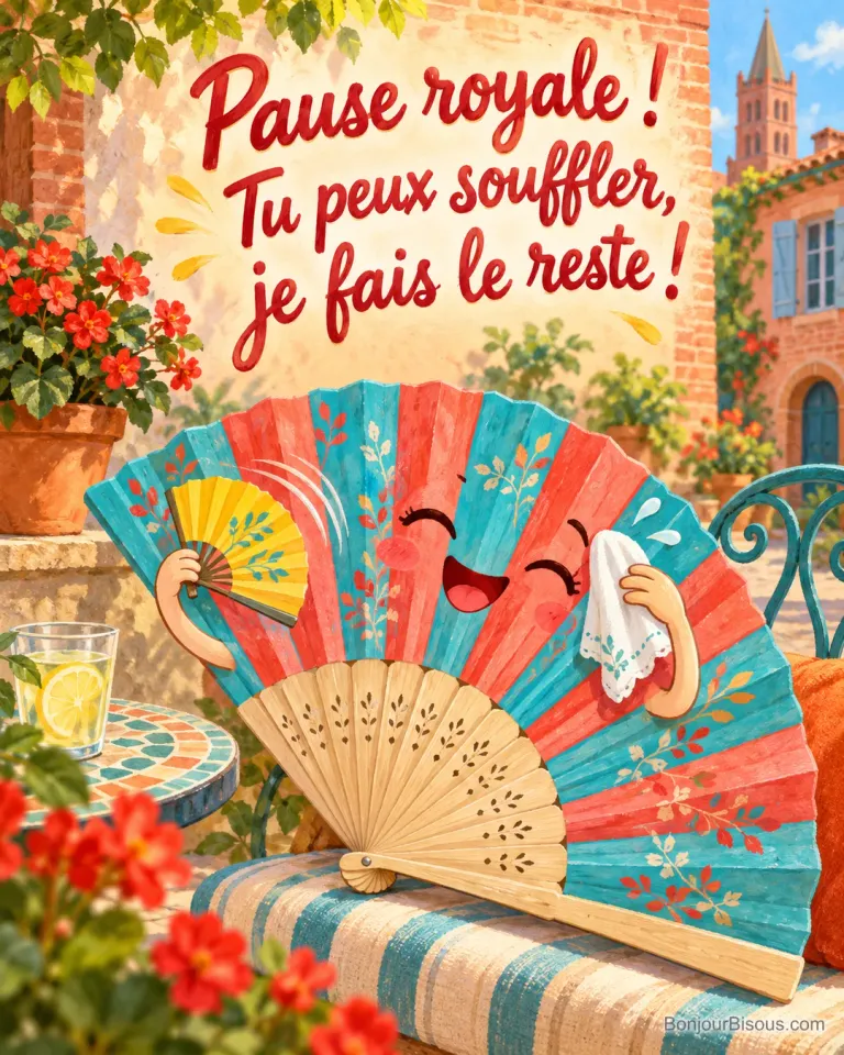 Un éventail corail s’évente lui-même avec un tout petit éventail jaune dans une cour d’été, avec le texte « Pause royale ! Tu peux souffler, je fais le reste ! ».