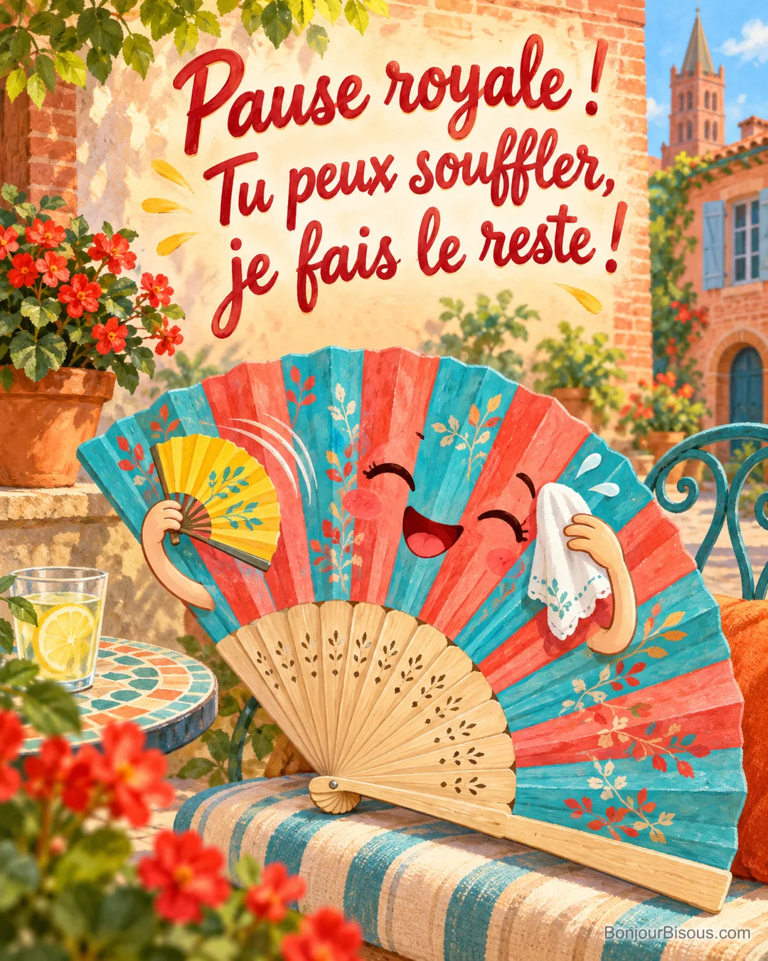 Un éventail corail s’évente lui-même avec un tout petit éventail jaune dans une cour d’été, avec le texte « Pause royale ! Tu peux souffler, je fais le reste ! ». Un éventail corail s’évente lui-même avec un tout petit éventail jaune dans une cour d’été, avec le texte « Pause royale ! Tu peux souffler, je fais le reste ! ».