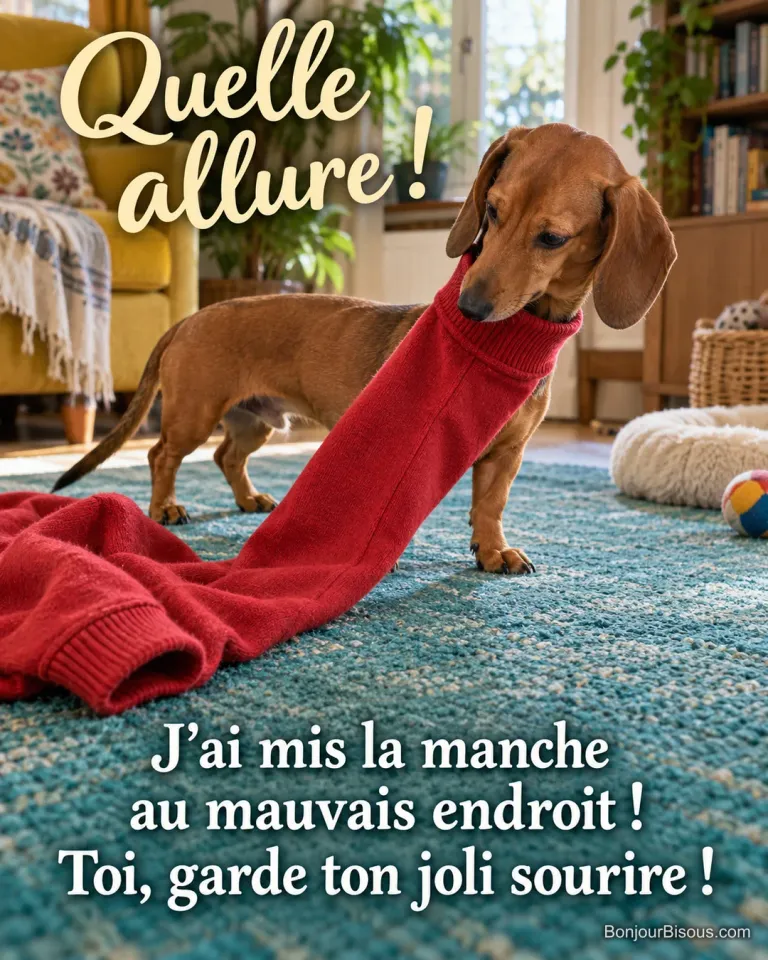 Un teckel dépasse la tête par la manche d’un pull rouge beaucoup trop long pour lui. Le message est : « Quelle allure ! J’ai mis la manche au mauvais endroit ! Toi, garde ton joli sourire ! ».