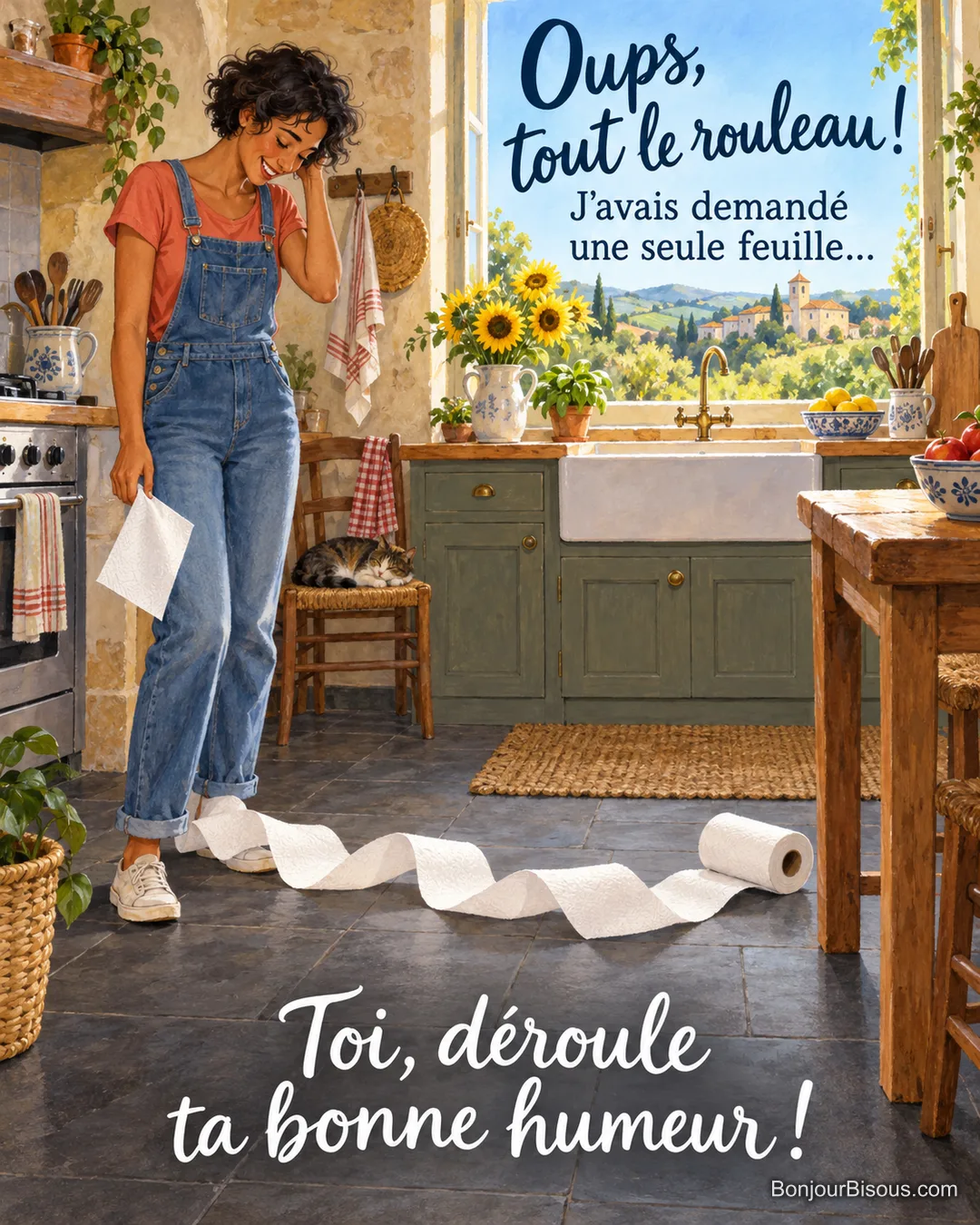 Une jeune femme regarde en riant un rouleau d’essuie-tout qui s’est entièrement déroulé au sol. Le message est : « Oups, tout le rouleau ! J’avais demandé une seule feuille… Toi, déroule ta bonne humeur ! ».