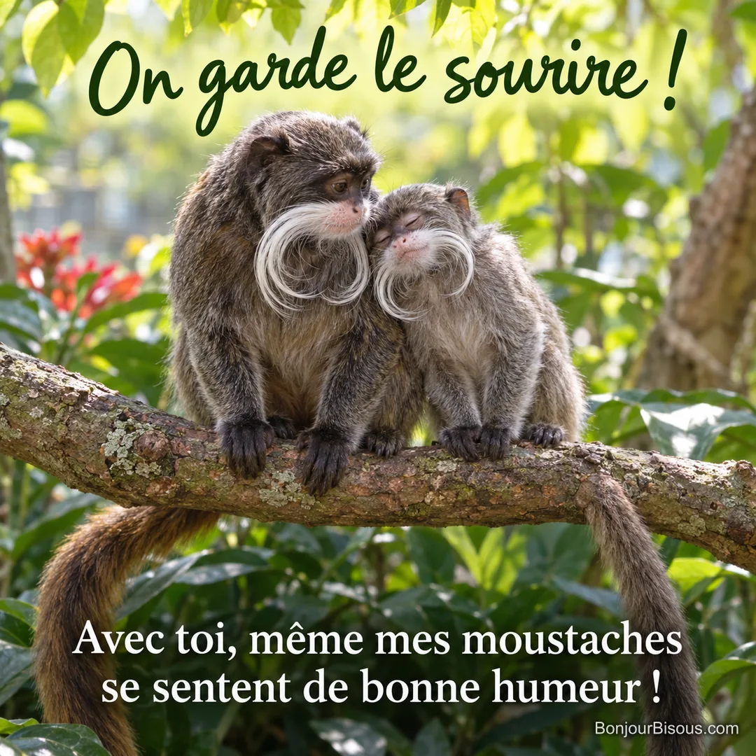Deux tamarins empereurs aux moustaches blanches se serrent tendrement sur une branche ensoleillée. Le message est : « On garde le sourire ! Avec toi, même mes moustaches se sentent de bonne humeur ! ».