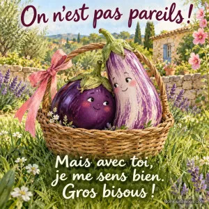 Deux aubergines de formes et de couleurs différentes se serrent dans un panier de jardin comme deux amis complices. Le message est : « On n’est pas pareils ! Mais avec toi, je me sens bien. Gros bisous ! ».