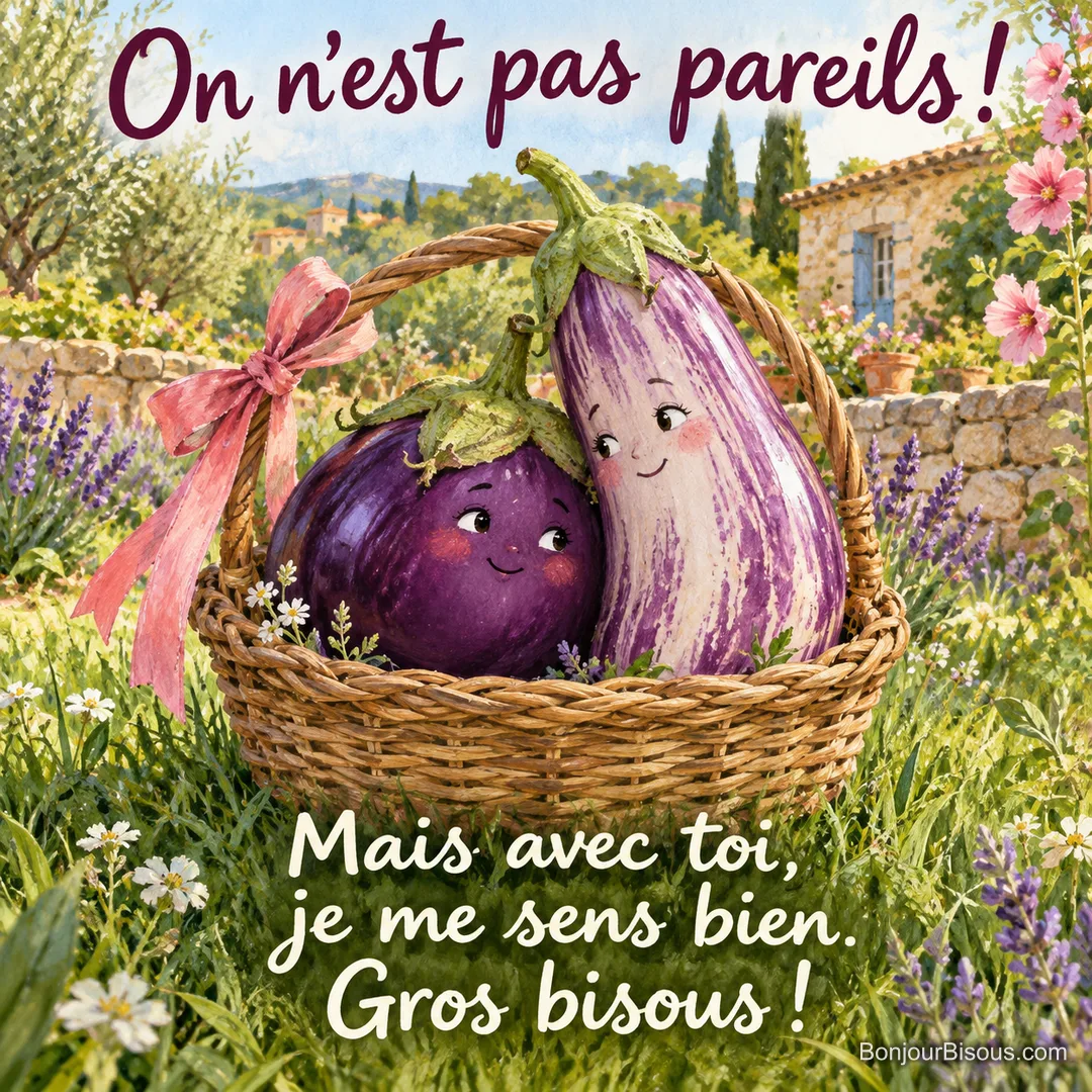 Deux aubergines de formes et de couleurs différentes se serrent dans un panier de jardin comme deux amis complices. Le message est : « On n’est pas pareils ! Mais avec toi, je me sens bien. Gros bisous ! ».