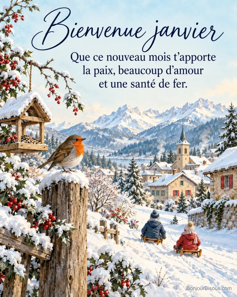 Peinture d’un rouge-gorge sur un piquet de clôture couvert de neige à côté d’une mangeoire, deux enfants en luge et un village de montagne enneigé, avec le texte « Bienvenue janvier – Que ce nouveau mois t’apporte la paix, beaucoup d’amour et une santé de fer. »