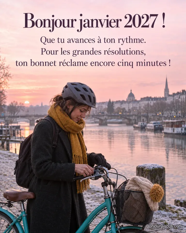 Une cycliste ajuste son vélo sur un quai nantais, avec un bonnet à pompon dans le panier, avec le texte « Bonjour janvier 2027 ! Que tu avances à ton rythme. Pour les grandes résolutions, ton bonnet réclame encore cinq minutes ! ».