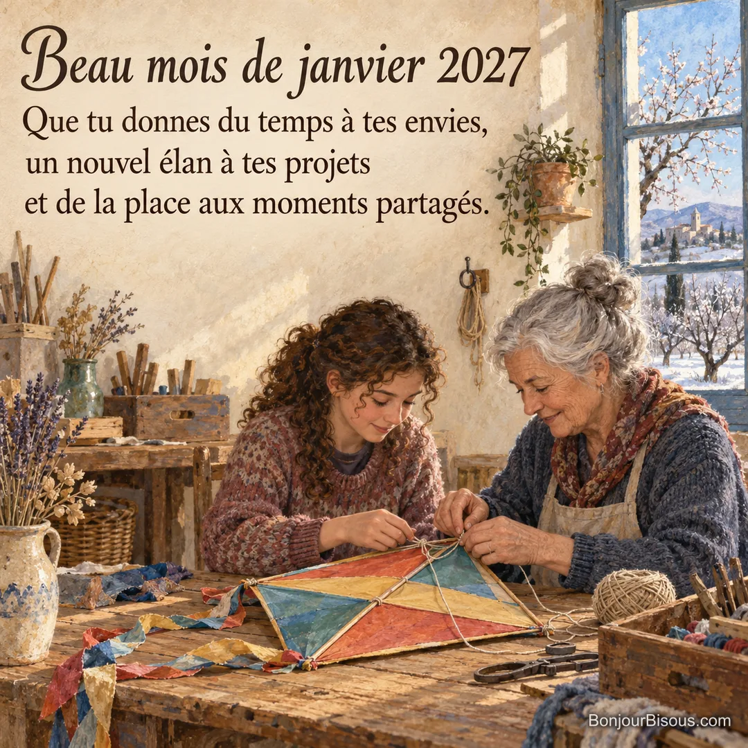 Une grand-mère et une adolescente réparent un cerf-volant dans un atelier provençal, avec le texte « Beau mois de janvier 2027 Que tu donnes du temps à tes envies, un nouvel élan à tes projets et de la place aux moments partagés. ». Une grand-mère et une adolescente réparent un cerf-volant dans un atelier provençal, avec le texte « Beau mois de janvier 2027 Que tu donnes du temps à tes envies, un nouvel élan à tes projets et de la place aux moments partagés. ».