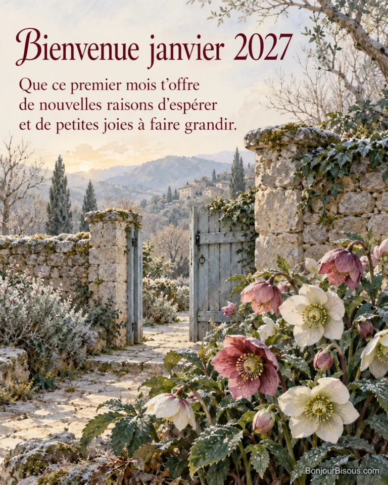 Des hellébores roses et blanches s’épanouissent près d’un portail dans un jardin des Cévennes, avec le texte « Bienvenue janvier 2027 Que ce premier mois t’offre de nouvelles raisons d’espérer et de petites joies à faire grandir. ».