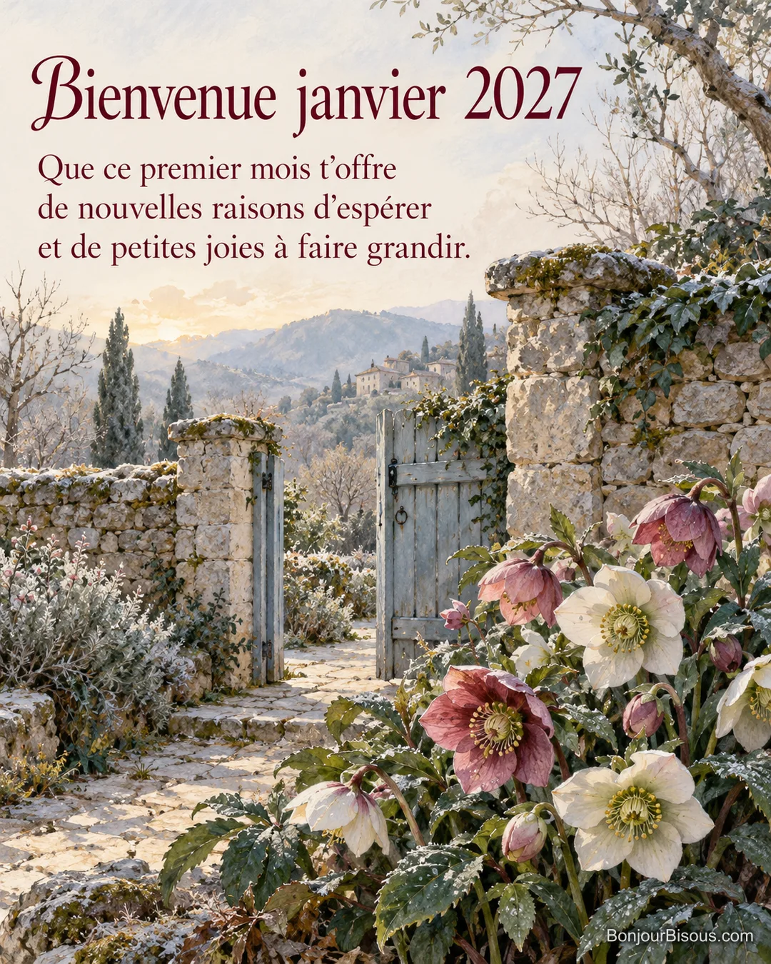 Des hellébores roses et blanches s’épanouissent près d’un portail dans un jardin des Cévennes, avec le texte « Bienvenue janvier 2027 Que ce premier mois t’offre de nouvelles raisons d’espérer et de petites joies à faire grandir. ». Des hellébores roses et blanches s’épanouissent près d’un portail dans un jardin des Cévennes, avec le texte « Bienvenue janvier 2027 Que ce premier mois t’offre de nouvelles raisons d’espérer et de petites joies à faire grandir. ».