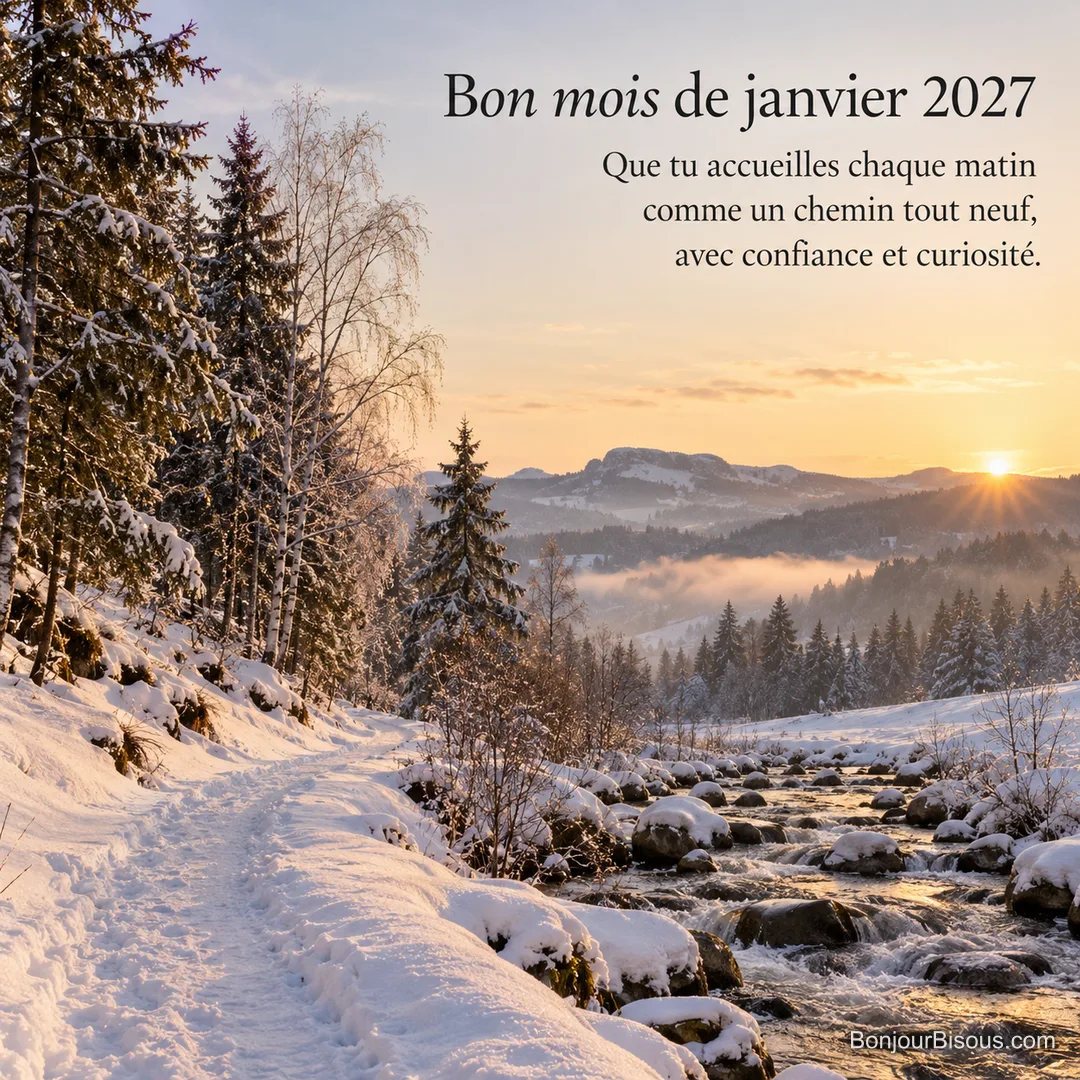 Un chemin enneigé longe un ruisseau au pied des montagnes du Jura au lever du soleil, avec le texte « Bon mois de janvier 2027 Que tu accueilles chaque matin comme un chemin tout neuf, avec confiance et curiosité. ». Un chemin enneigé longe un ruisseau au pied des montagnes du Jura au lever du soleil, avec le texte « Bon mois de janvier 2027 Que tu accueilles chaque matin comme un chemin tout neuf, avec confiance et curiosité. ».