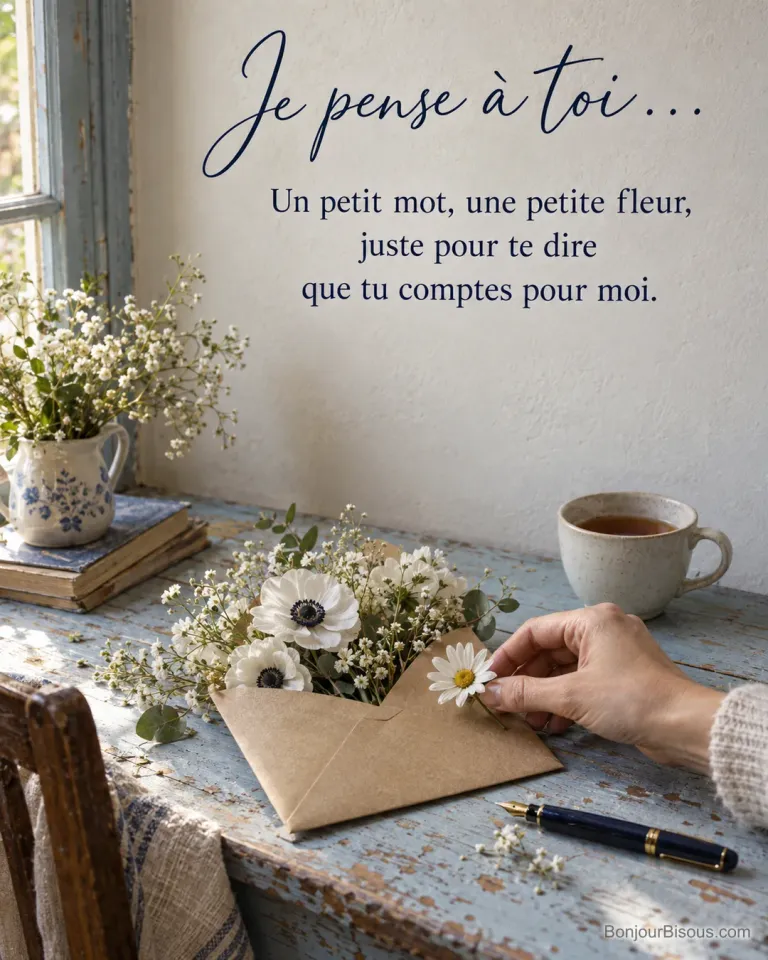 Photo d’une enveloppe kraft remplie d’anémones et de gypsophile sur une vieille table bleue, une main y pose une marguerite, avec un stylo plume et une tasse de thé, avec le texte « Je pense à toi… Un petit mot, une petite fleur, juste pour te dire que tu comptes pour moi. »