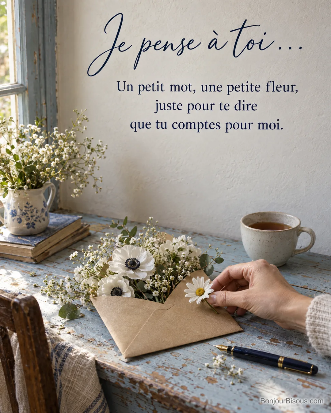 Photo d’une enveloppe kraft remplie d’anémones et de gypsophile sur une vieille table bleue, une main y pose une marguerite, avec un stylo plume et une tasse de thé, avec le texte « Je pense à toi… Un petit mot, une petite fleur, juste pour te dire que tu comptes pour moi. » Photo d’une enveloppe kraft remplie d’anémones et de gypsophile sur une vieille table bleue, une main y pose une marguerite, avec un stylo plume et une tasse de thé, avec le texte « Je pense à toi… Un petit mot, une petite fleur, juste pour te dire que tu comptes pour moi. »