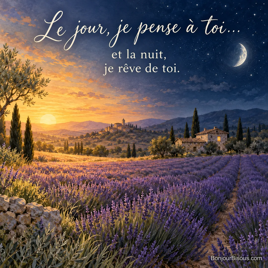 Peinture d’un champ de lavande en Provence où le ciel passe du coucher de soleil à la nuit étoilée avec un croissant de lune, un mas éclairé et un village perché, avec le texte « Le jour, je pense à toi… et la nuit, je rêve de toi. » Peinture d’un champ de lavande en Provence où le ciel passe du coucher de soleil à la nuit étoilée avec un croissant de lune, un mas éclairé et un village perché, avec le texte « Le jour, je pense à toi… et la nuit, je rêve de toi. »