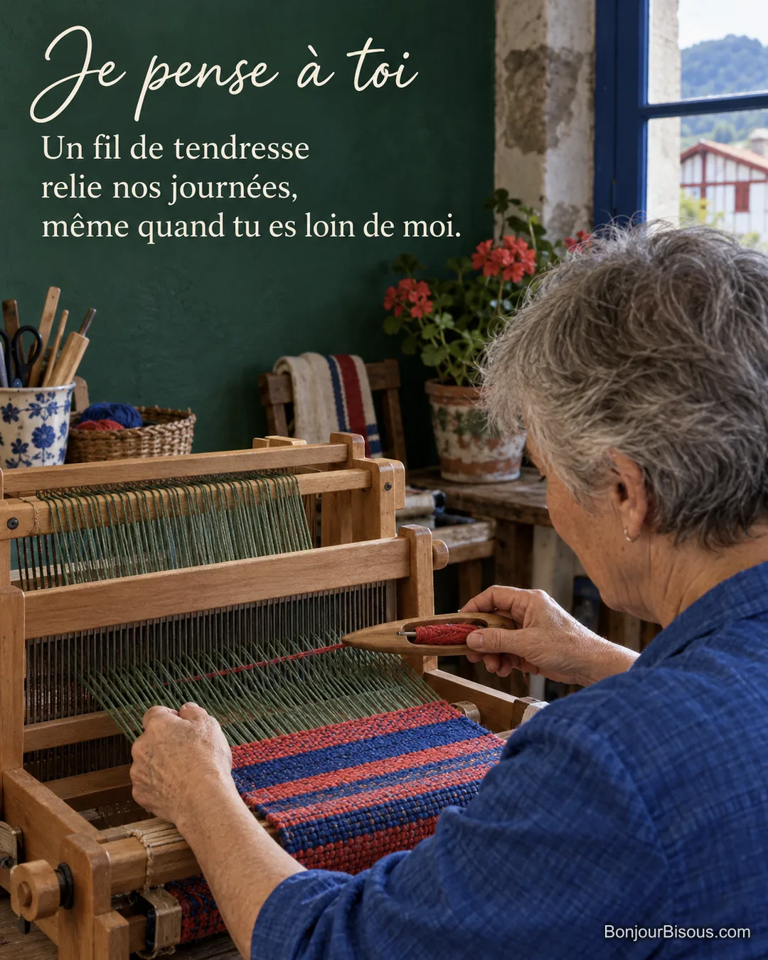 Une tisserande fait passer un fil rouge dans un métier à tisser au Pays basque, avec le texte « Je pense à toi Un fil de tendresse relie nos journées, même quand tu es loin de moi. ». Une tisserande fait passer un fil rouge dans un métier à tisser au Pays basque, avec le texte « Je pense à toi Un fil de tendresse relie nos journées, même quand tu es loin de moi. ».