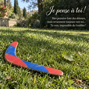 Un boomerang rouge et bleu repose sur l’herbe d’un parc montpelliérain, avec le texte « Je pense à toi ! Mes pensées font des détours, mais reviennent toujours vers toi… Tu vois, impossible de t’oublier ! ».
