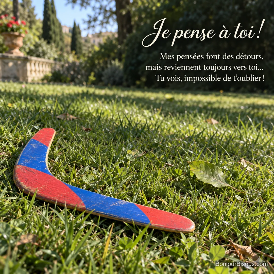Un boomerang rouge et bleu repose sur l’herbe d’un parc montpelliérain, avec le texte « Je pense à toi ! Mes pensées font des détours, mais reviennent toujours vers toi… Tu vois, impossible de t’oublier ! ». Un boomerang rouge et bleu repose sur l’herbe d’un parc montpelliérain, avec le texte « Je pense à toi ! Mes pensées font des détours, mais reviennent toujours vers toi… Tu vois, impossible de t’oublier ! ».