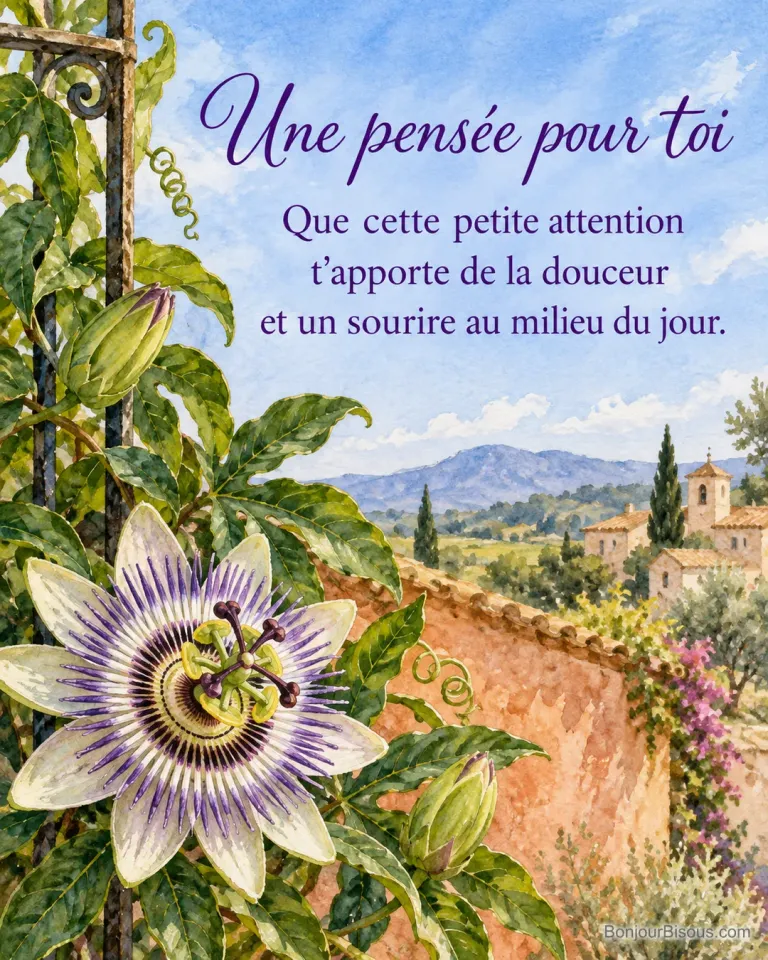 Une passiflore blanche et violette s’ouvre dans un jardin provençal, avec le texte « Une pensée pour toi Que cette petite attention t’apporte de la douceur et un sourire au milieu du jour. ».