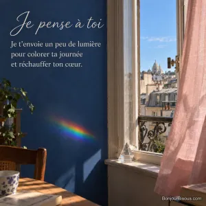 Un cristal de verre projette un arc-en-ciel sur un mur bleu près d’une fenêtre parisienne, avec le texte « Je pense à toi Je t’envoie un peu de lumière pour colorer ta journée et réchauffer ton cœur. ».