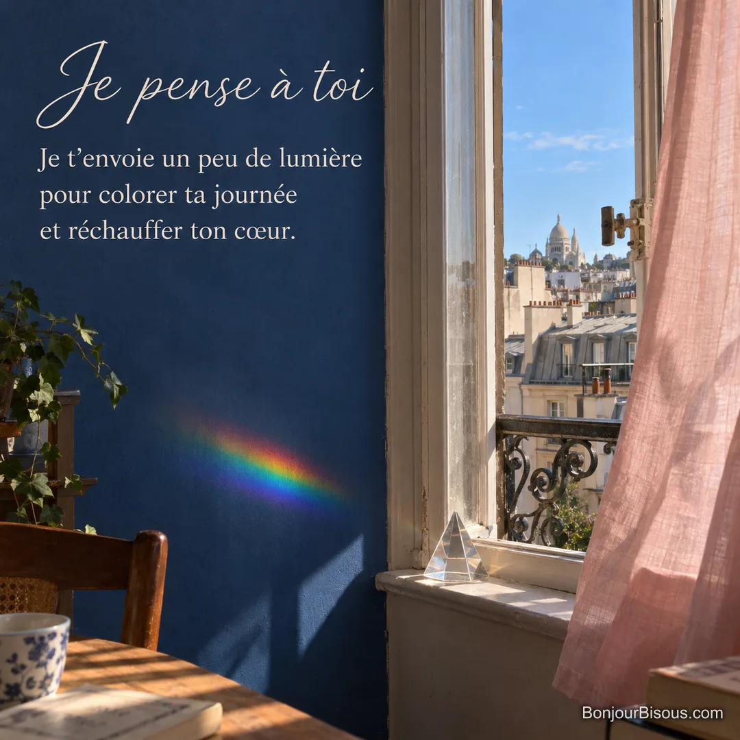 Un cristal de verre projette un arc-en-ciel sur un mur bleu près d’une fenêtre parisienne, avec le texte « Je pense à toi Je t’envoie un peu de lumière pour colorer ta journée et réchauffer ton cœur. ». Un cristal de verre projette un arc-en-ciel sur un mur bleu près d’une fenêtre parisienne, avec le texte « Je pense à toi Je t’envoie un peu de lumière pour colorer ta journée et réchauffer ton cœur. ».