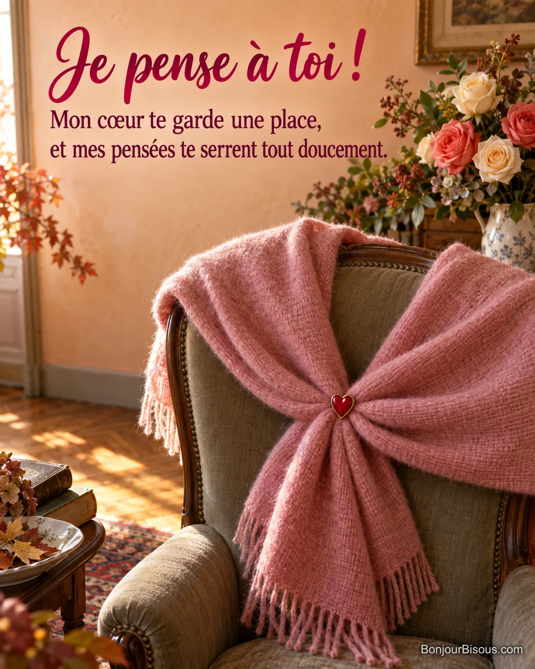 Un châle rose fermé par une broche en cœur dessine une étreinte sur un fauteuil près de roses, avec le texte « Je pense à toi ! Mon cœur te garde une place, et mes pensées te serrent tout doucement. ». Un châle rose fermé par une broche en cœur dessine une étreinte sur un fauteuil près de roses, avec le texte « Je pense à toi ! Mon cœur te garde une place, et mes pensées te serrent tout doucement. ».