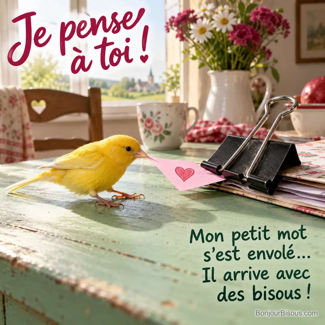 Un canari jaune tire du bec un petit billet rose coincé sous une grande pince, avec le texte « Je pense à toi ! Mon petit mot s’est envolé… Il arrive avec des bisous ! ». Un canari jaune tire du bec un petit billet rose coincé sous une grande pince, avec le texte « Je pense à toi ! Mon petit mot s’est envolé… Il arrive avec des bisous ! ».