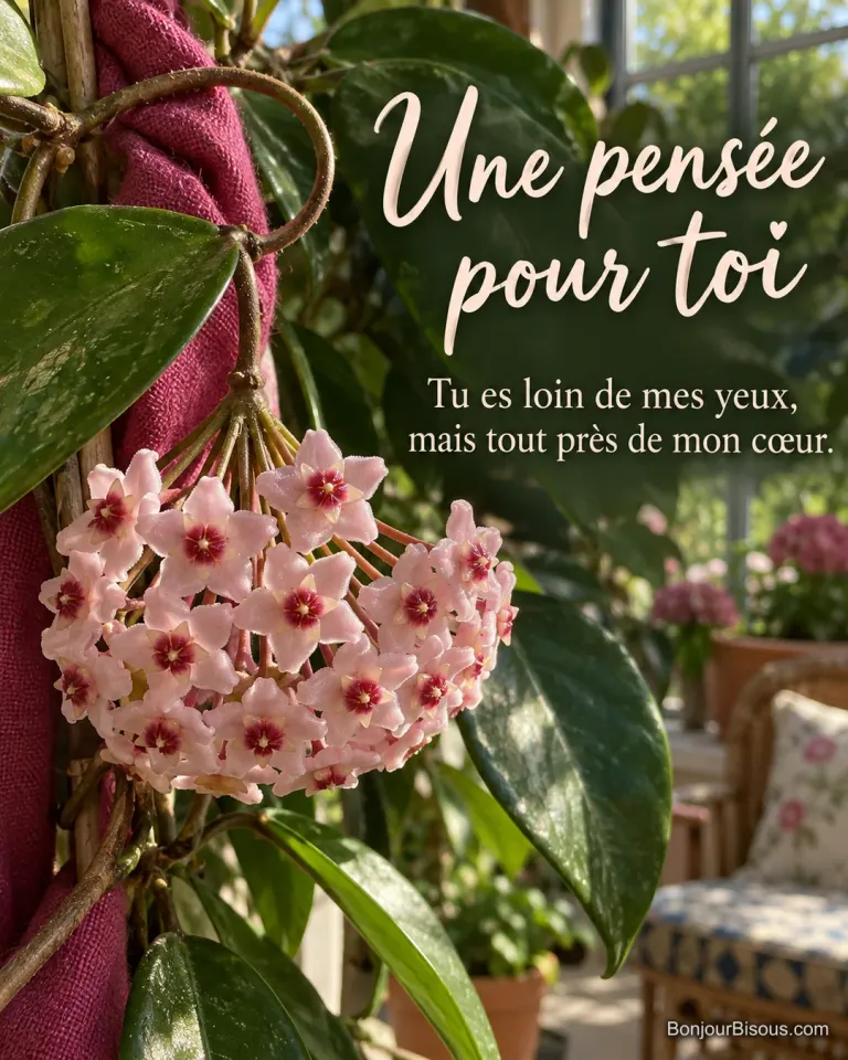 Une ombelle de fleurs de cire roses protège une petite étoffe framboise dans sa liane, avec le texte « Une pensée pour toi Tu es loin de mes yeux, mais tout près de mon cœur. ».