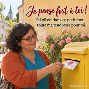 Une femme glisse une carte de tendresse dans une boîte aux lettres de quartier, avec le texte « Je pense fort à toi ! J’ai glissé dans ce petit mot toute ma tendresse pour toi. ».
