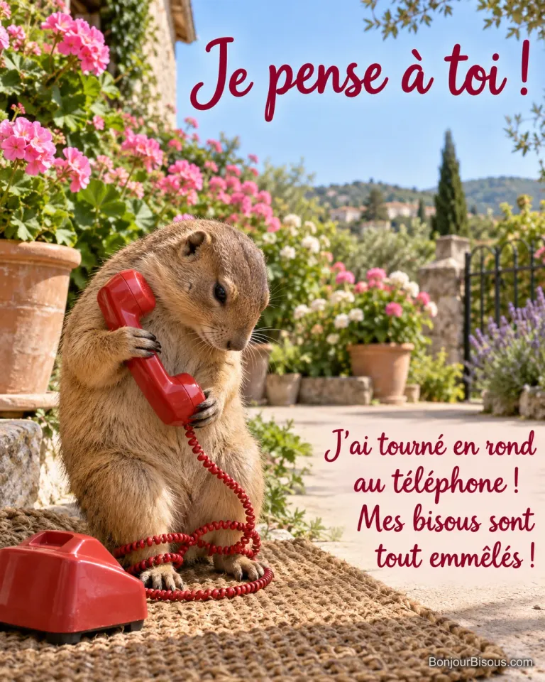 Un chien de prairie s’est emmêlé les pattes dans le long cordon rouge d’un téléphone ancien en voulant appeler un proche. Le message est : « Je pense à toi ! J’ai tourné en rond au téléphone ! Mes bisous sont tout emmêlés ! ».