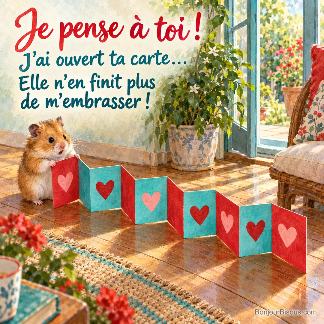Un hamster découvre une carte accordéon si longue qu’elle se déplie en cascade de cœurs autour de lui. Le message est : « Je pense à toi ! J’ai ouvert ta carte… Elle n’en finit plus de m’embrasser ! ». Un hamster découvre une carte accordéon si longue qu’elle se déplie en cascade de cœurs autour de lui. Le message est : « Je pense à toi ! J’ai ouvert ta carte… Elle n’en finit plus de m’embrasser ! ».