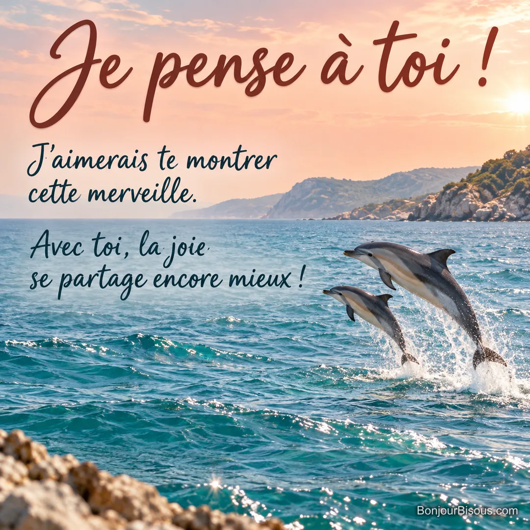 Deux dauphins sautent côte à côte au large, comme un émerveillement que l’on voudrait partager avec un proche. Le message est : « Je pense à toi ! J’aimerais te montrer cette merveille. Avec toi, la joie se partage encore mieux ! ». Deux dauphins sautent côte à côte au large, comme un émerveillement que l’on voudrait partager avec un proche. Le message est : « Je pense à toi ! J’aimerais te montrer cette merveille. Avec toi, la joie se partage encore mieux ! ».