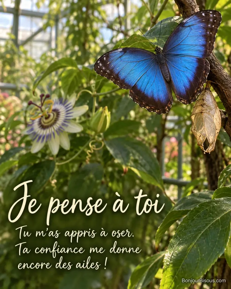 Un papillon morpho bleu déploie ses ailes près de sa chrysalide vide, symbole de la confiance reçue d’une personne chère. Le message est : « Je pense à toi Tu m’as appris à oser. Ta confiance me donne encore des ailes ! ».
