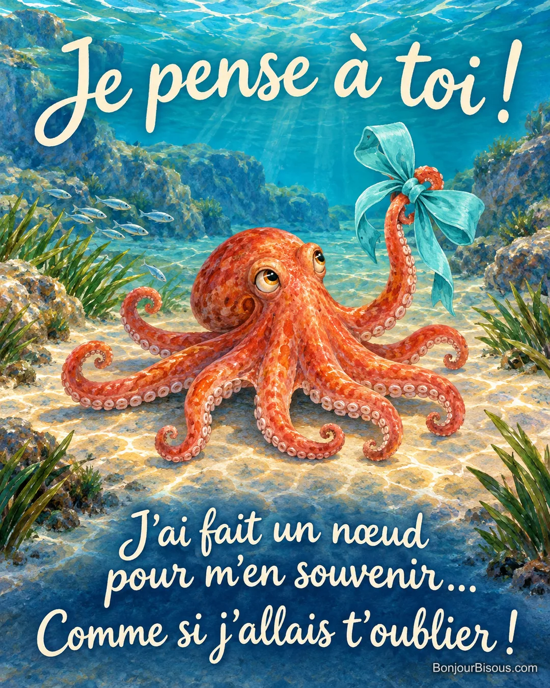 Un petit poulpe garde un gros nœud turquoise sur le bout d’un seul de ses huit bras. Le message est : « Je pense à toi ! J’ai fait un nœud pour m’en souvenir… Comme si j’allais t’oublier ! ».