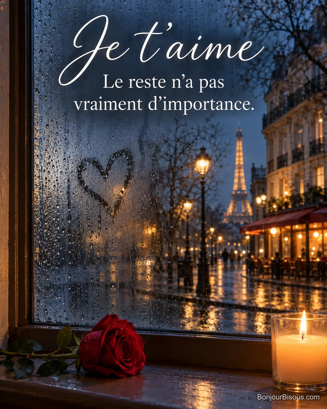 Photo d’une fenêtre couverte de gouttes de pluie avec un cœur tracé dans la buée, une rose rouge et une bougie sur le rebord, une rue de Paris et la tour Eiffel la nuit, avec le texte « Je t’aime – Le reste n’a pas vraiment d’importance. » Photo d’une fenêtre couverte de gouttes de pluie avec un cœur tracé dans la buée, une rose rouge et une bougie sur le rebord, une rue de Paris et la tour Eiffel la nuit, avec le texte « Je t’aime – Le reste n’a pas vraiment d’importance. »