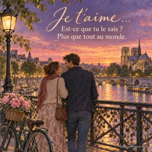 Peinture d’un couple vu de dos accoudé à la rambarde d’un pont sur la Seine au coucher du soleil, Notre-Dame au loin et un vélo avec des pivoines, avec le texte « Je t’aime… Est-ce que tu le sais ? Plus que tout au monde. »
