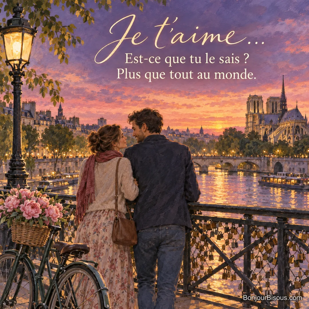 Peinture d’un couple vu de dos accoudé à la rambarde d’un pont sur la Seine au coucher du soleil, Notre-Dame au loin et un vélo avec des pivoines, avec le texte « Je t’aime… Est-ce que tu le sais ? Plus que tout au monde. » Peinture d’un couple vu de dos accoudé à la rambarde d’un pont sur la Seine au coucher du soleil, Notre-Dame au loin et un vélo avec des pivoines, avec le texte « Je t’aime… Est-ce que tu le sais ? Plus que tout au monde. »