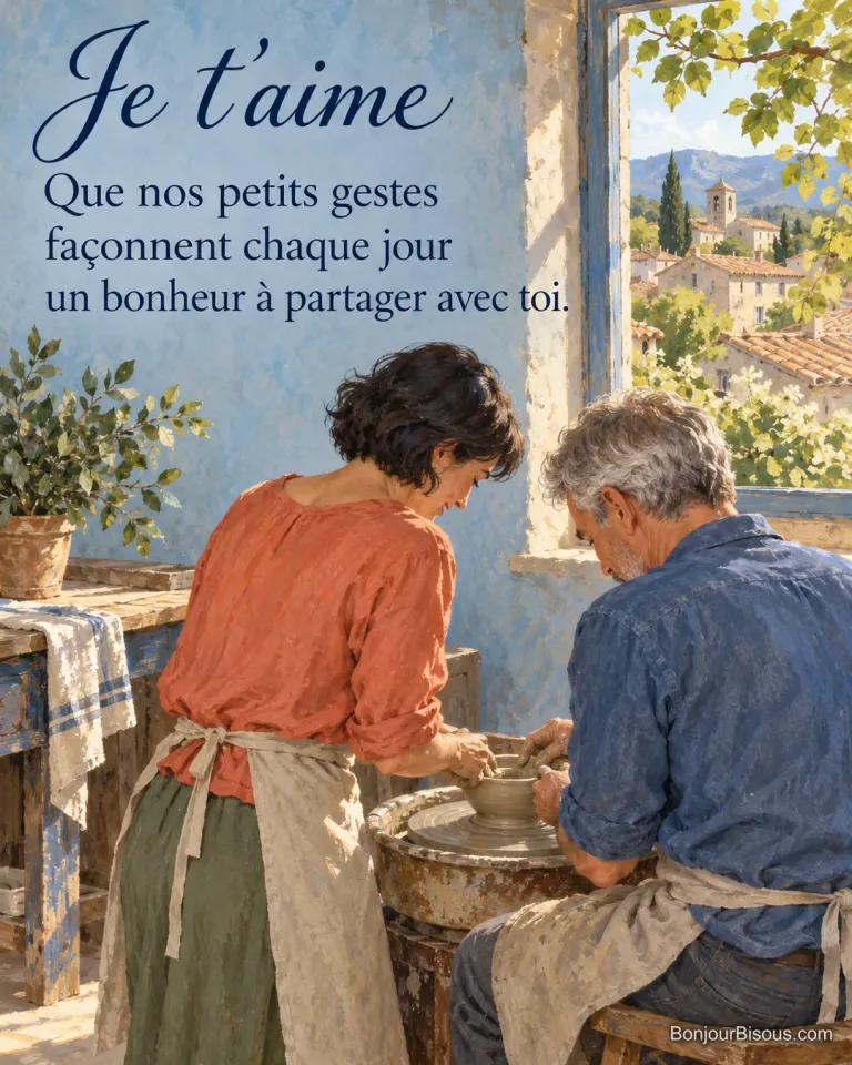 Un couple façonne ensemble un bol d’argile dans un atelier drômois, avec le texte « Je t’aime Que nos petits gestes façonnent chaque jour un bonheur à partager avec toi. ».