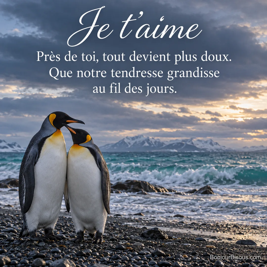 Deux manchots royaux se rapprochent sur une plage de galets, avec le texte « Je t’aime Près de toi, tout devient plus doux. Que notre tendresse grandisse au fil des jours. ». Deux manchots royaux se rapprochent sur une plage de galets, avec le texte « Je t’aime Près de toi, tout devient plus doux. Que notre tendresse grandisse au fil des jours. ».