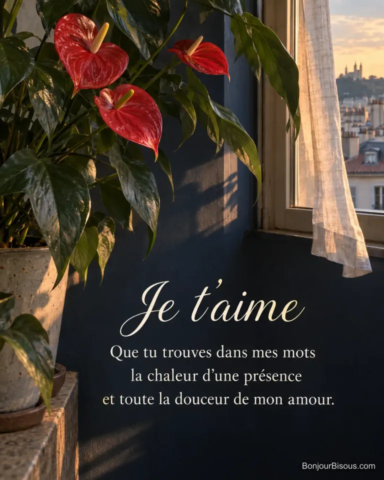 Un anthurium rouge s’anime près d’une fenêtre au mur bleu nuit, avec le texte « Je t’aime Que tu trouves dans mes mots la chaleur d’une présence et toute la douceur de mon amour. ».
