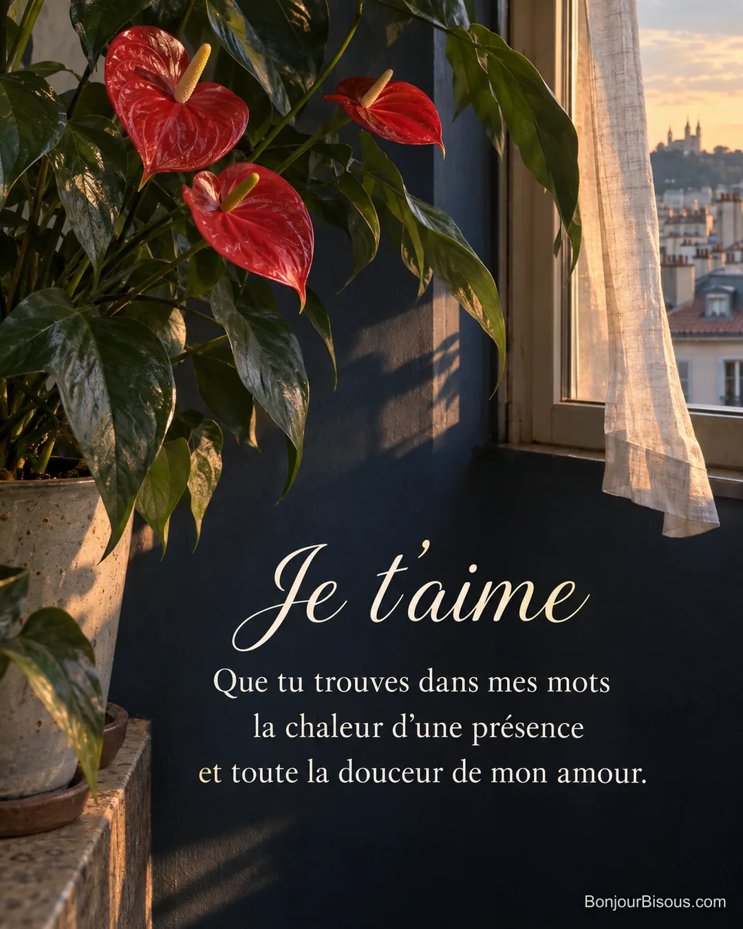 Un anthurium rouge s’anime près d’une fenêtre au mur bleu nuit, avec le texte « Je t’aime Que tu trouves dans mes mots la chaleur d’une présence et toute la douceur de mon amour. ». Un anthurium rouge s’anime près d’une fenêtre au mur bleu nuit, avec le texte « Je t’aime Que tu trouves dans mes mots la chaleur d’une présence et toute la douceur de mon amour. ».
