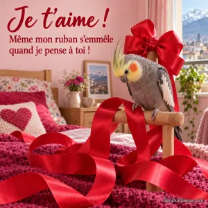 Une calopsitte grise perchée se penche sur un ruban rouge au pied d’un gros nœud, avec le texte « Je t’aime ! Même mon ruban s’emmêle quand je pense à toi ! ».