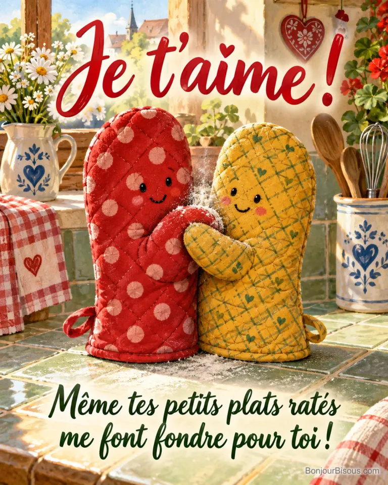 Deux maniques colorées se font un câlin maladroit dans un petit nuage de farine, avec le texte « Je t’aime ! Même tes petits plats ratés me font fondre pour toi ! ».