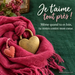 Un petit cadenas en cœur est blotti dans un foulard rose framboise comme dans un câlin, avec le texte « Je t’aime tout près ! Même quand tu es loin, tu restes contre mon cœur. ».