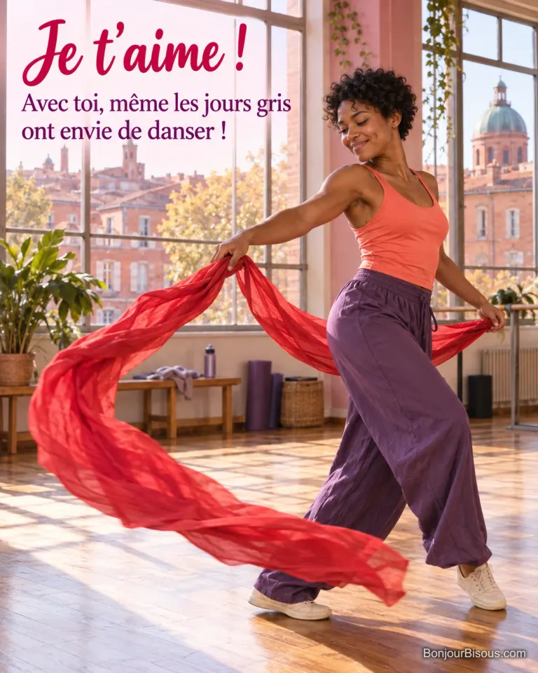 Une danseuse fait tournoyer un foulard rouge dans un studio toulousain lumineux, avec le texte « Je t’aime ! Avec toi, même les jours gris ont envie de danser ! ».