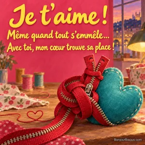 Une fermeture Éclair rouge s’emmêle tendrement autour d’un petit coussin en cœur turquoise, avec le texte « Je t’aime ! Même quand tout s’emmêle… Avec toi, mon cœur trouve sa place ! ».